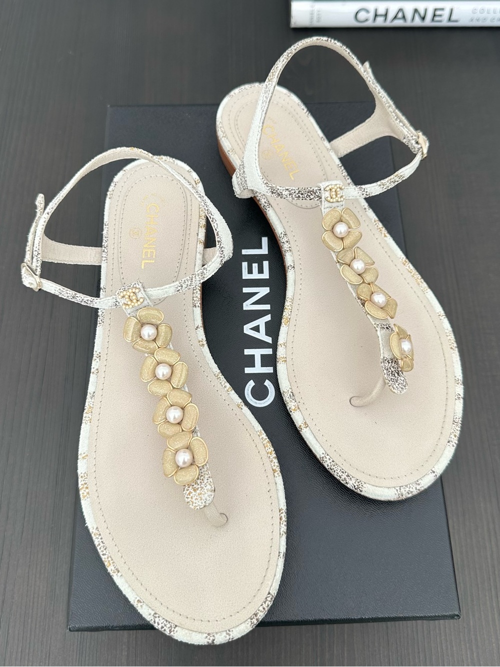 Chanel Snake Print Cream T-Strap Sandals with Gold/Pearl Flowers, Authentic